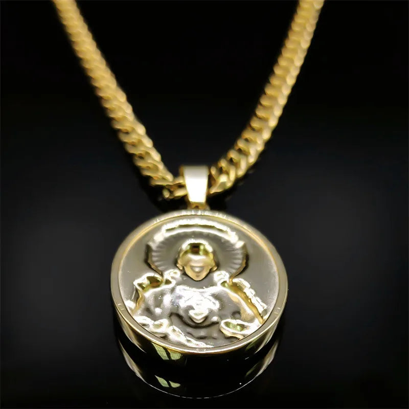 Circular 3D Relief Pendant Necklace — Gold-Tone Stainless Steel