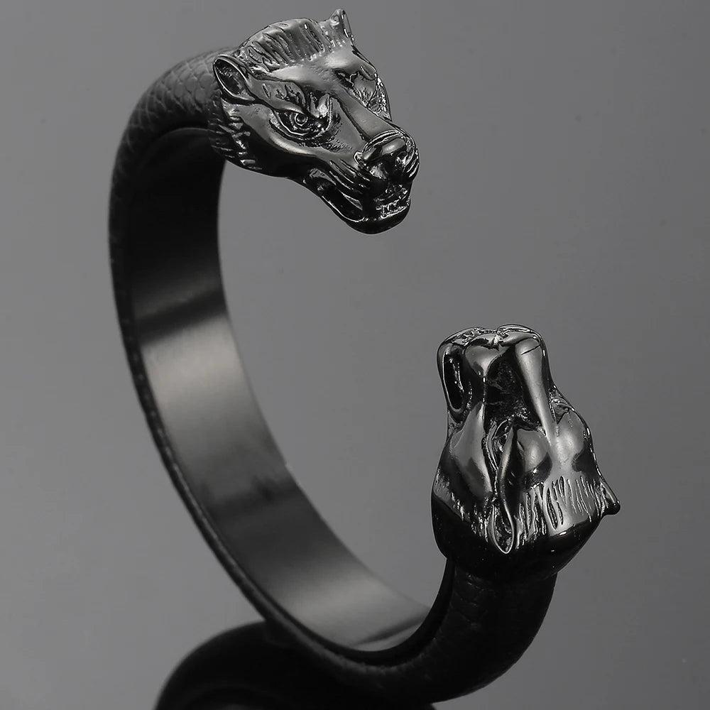 Stainless Steel Wolf Head Cuff Open Bangle Bracelet Man Black Leather Elastic Adjustable Boys On Hand Bracelets Men‘s