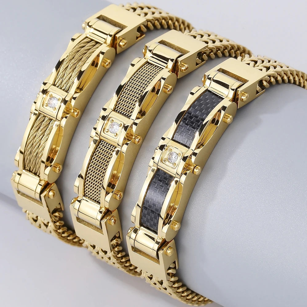 Stainless Steel Bracelet for Men 12MM Width Square Franco Link Chain Men's Bracelets With CZ & Magnet Clasp Gold Color