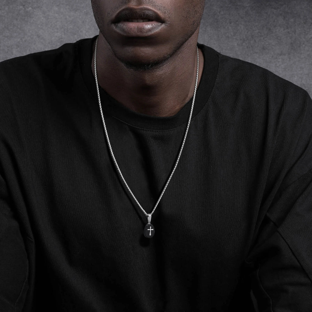 Small Natrual Stone Necklaces for Men Boys,Black Stone Stainless Steel Pendant Necklace,Hip Hop Stylish Jewelry Gifts