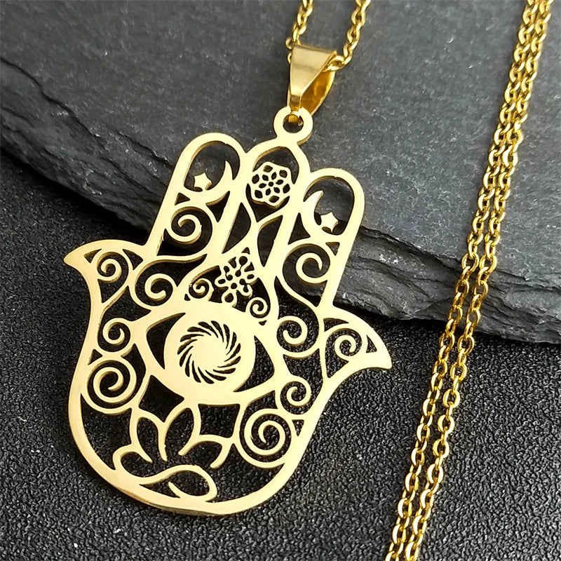 Hamsa Hand Muslims Judaism Hollow Necklace for Women Hand of Fatima Lotus Flower Stainless Steel Necklaces Jewelry Gift