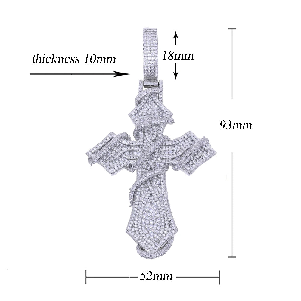 2026 New Iced Out Barbed Wire Wrapped Cross Pendant Necklace Silver Color Cubic Zirconia CZ Charm For Men Hip Hop