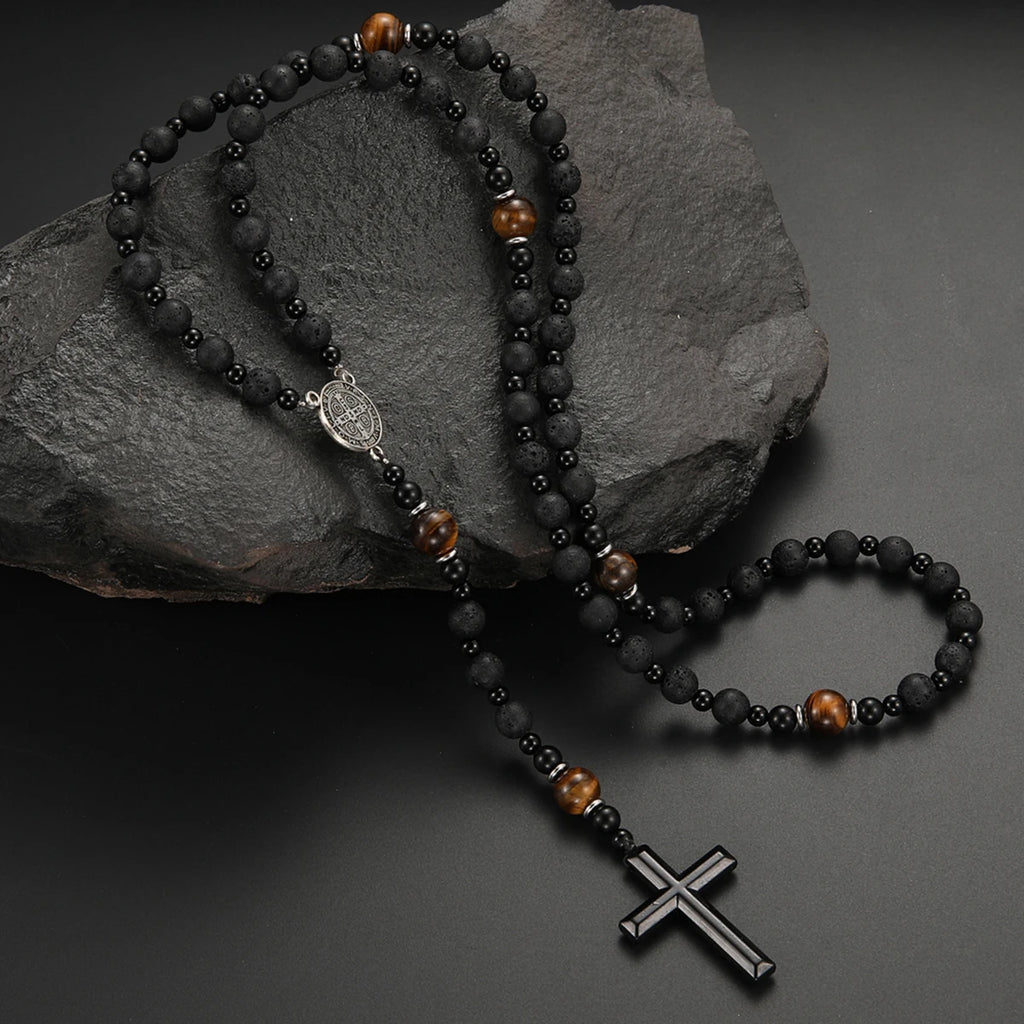 Lava Stone Cross Pendant Necklace — Zinc Alloy