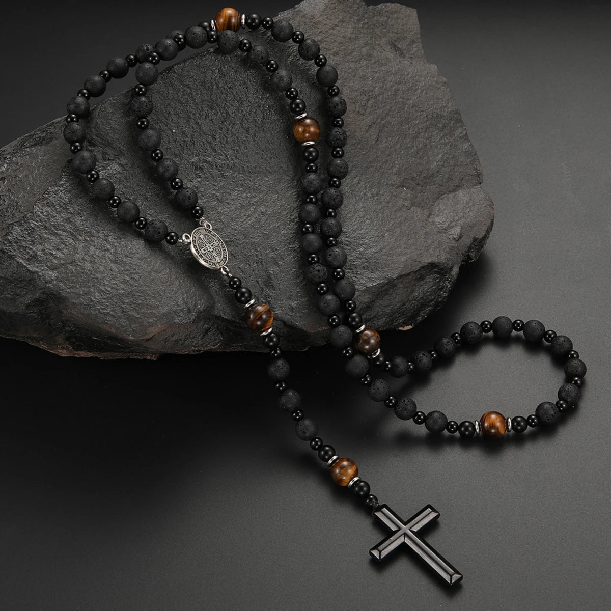 Lava Stone Cross Pendant Necklace — Zinc Alloy