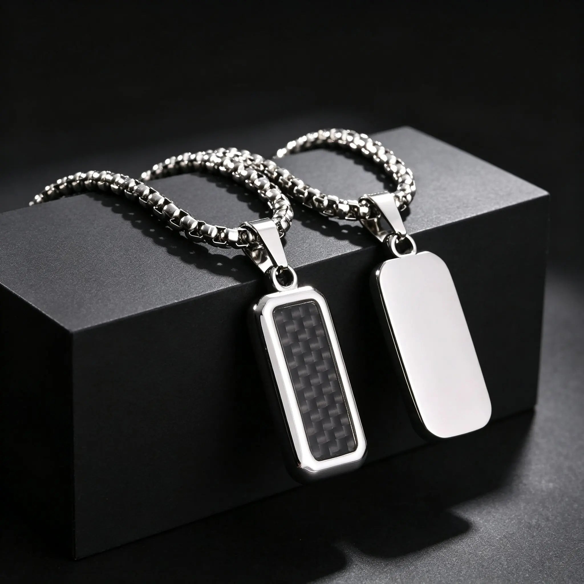 Square Dog Tag Pendant Necklace — Black Stainless Steel