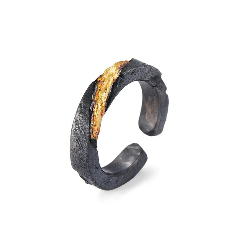Gothic Flame Textured Black Statement Ring for Men — Black-Tone