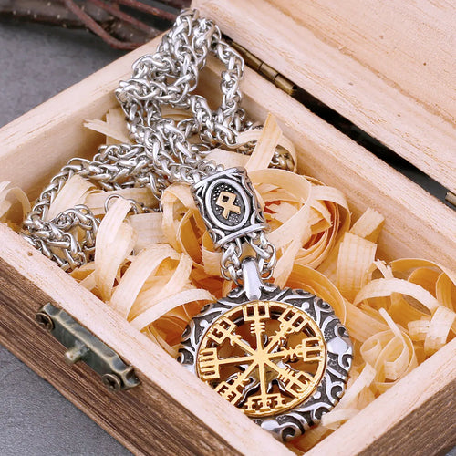 Original Viking Compass Necklace Vintage Stainless Steel Rune Amulet Punk Style Men Women Fashion Mixed Gold Color
