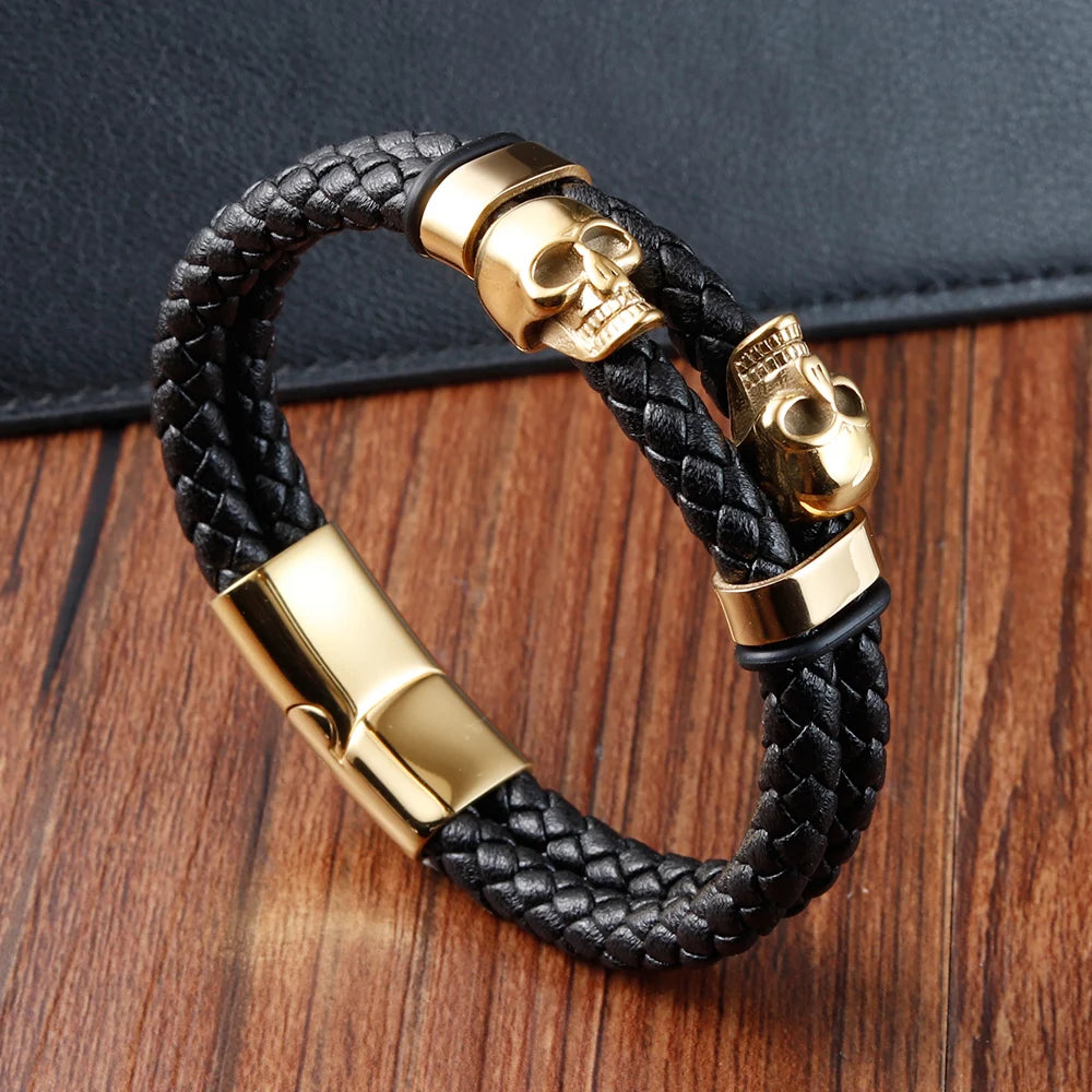 Multi-layer Bracelet Punk Stainless Steel Charm Magnetic Black Men's Leather Bracelets Skull Braided Bangles Jewelry