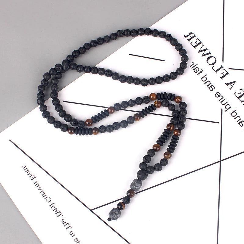 6mm Lava Stone Tiger-eye Beaded Necklace for Men and Women with Buddha Head Pendant