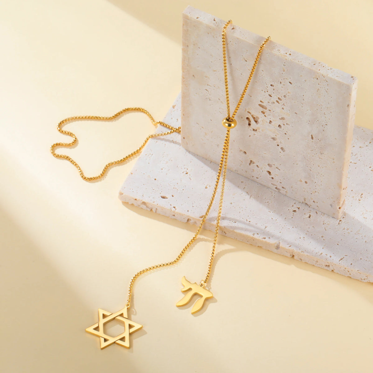 Star of David Chai Double Pendant Long Necklace — Stainless Steel