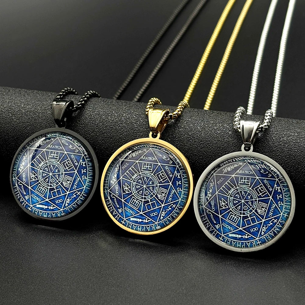 Seven Archangels Glass Medal Angel Pendant Necklace for Women Men Stainless Steel Seal of Solomon Protection Chain