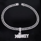 New Iced Out Bling Rhinestone Letters Money Pendant Necklaces,With Cuban Chain Money Bag Dollar Sign Men's Women Hip Hop Jewelry