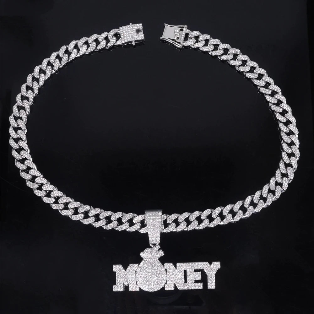 New Iced Out Bling Rhinestone Letters Money Pendant Necklaces,With Cuban Chain Money Bag Dollar Sign Men's Women Hip Hop Jewelry