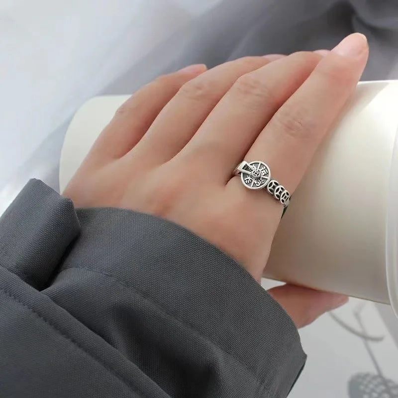 New Vintage Antique Coin Ring with Rotating Compass Design Open Adjustable Ring for Good Fortune Jewelry
