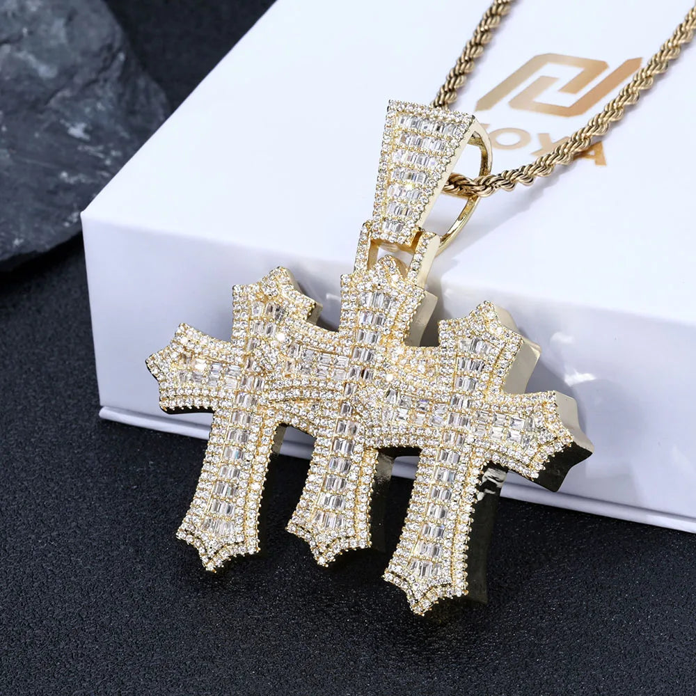 Two-Tone Cross Pendant Baguette Iced Out
