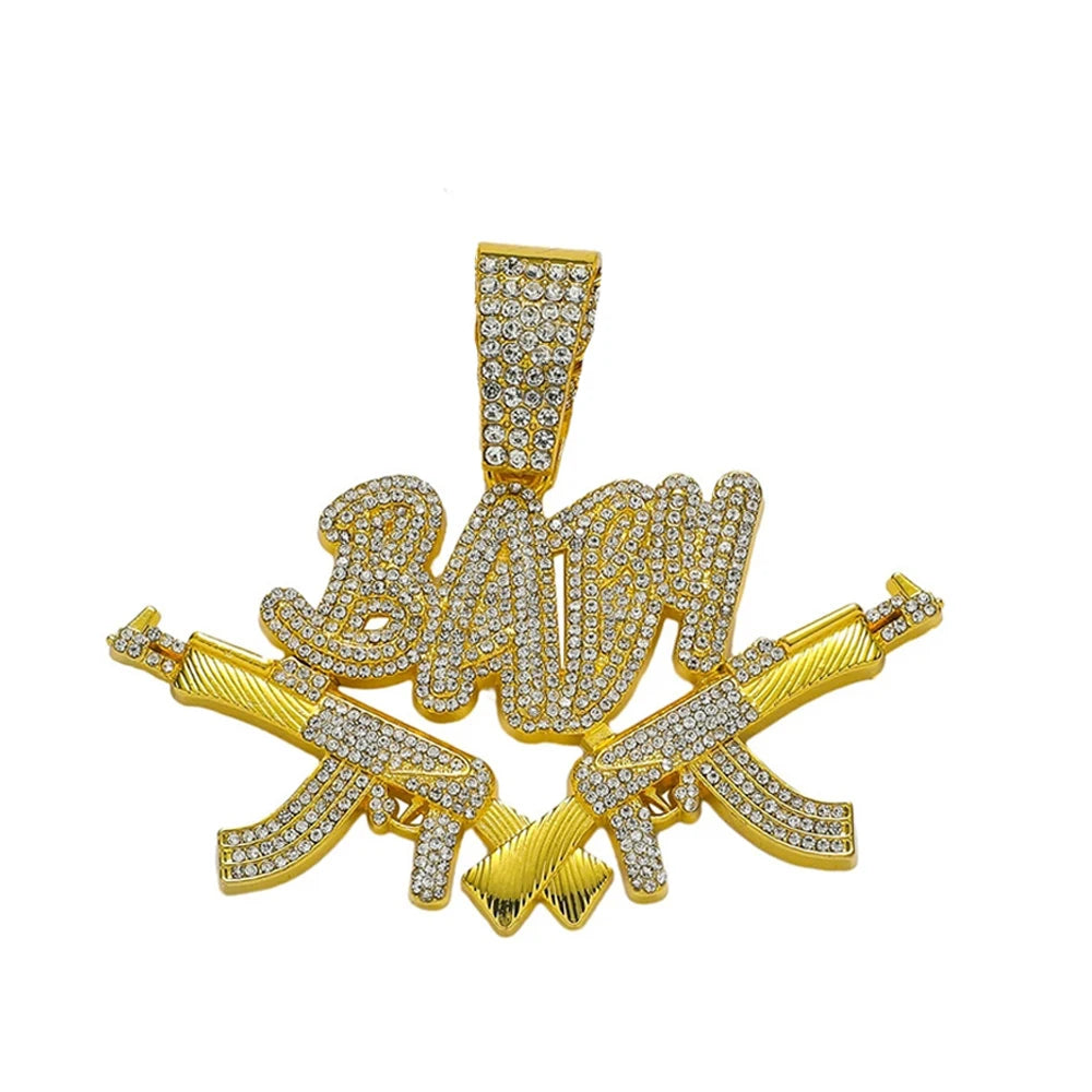 New Men Hip Hop Iced Out Bling AK47 Gun Pendant Necklace with 13mm Miami Cuban Chain HipHop Letter BABY Necklace Fashion Jewelry