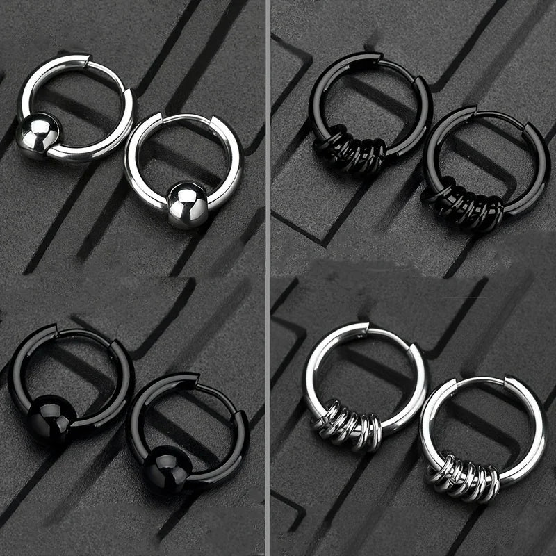 2pcs Stainless Steel Hoop Earrings For Men Small Circle Metal Ball Anti-allergic Ear Buckle Rock Hip Hop Artificial