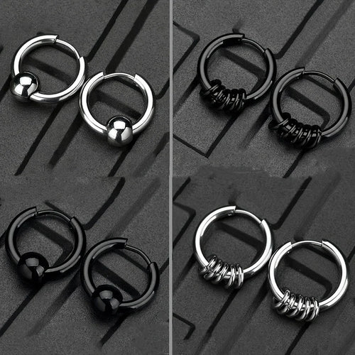 2pcs Stainless Steel Hoop Earrings For Men Small Circle Metal Ball Anti-allergic Ear Buckle Rock Hip Hop Artificial