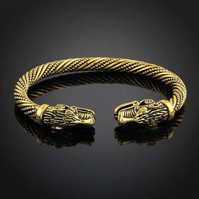 Classic Animal Viking Double Wolf Head Adjustable Bracelet Men Stainless Steel Bracelet Fashion Double Snake Heads