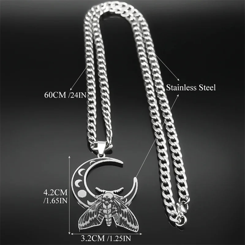 Wicca Moon Moth Pendant — Stainless Steel