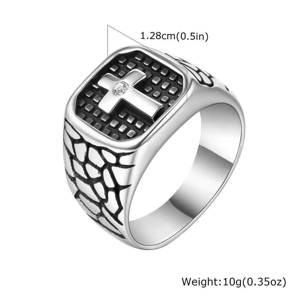 Trendy Stainless Steel Cross Rings For Men Silver Color Crack Zircon Rings Cross Signet Chunky Dainty Jewelry For Man