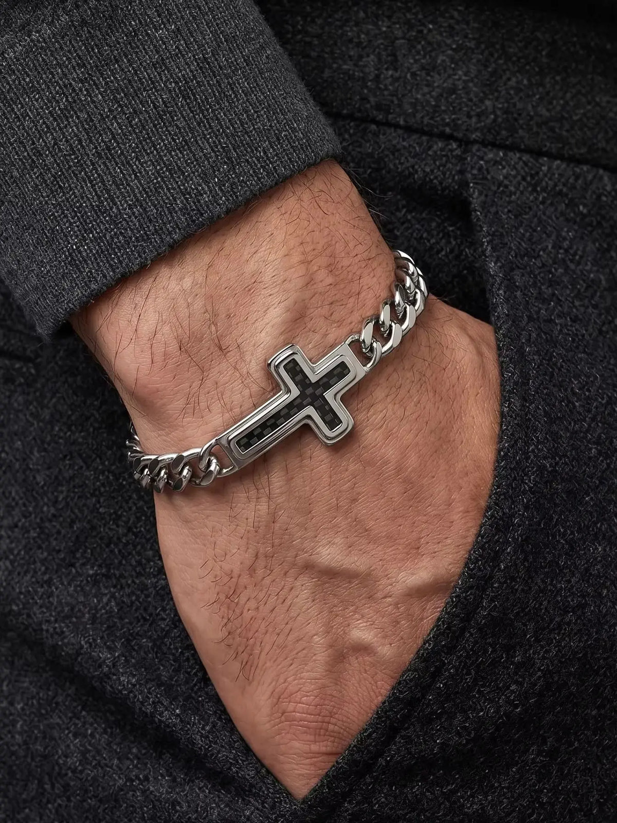 Cross Cuban Link Bracelet for Men Adjustable Stainless Steel Hip Hop Punk Religious Faith Jewelry Gift for Daily Wear