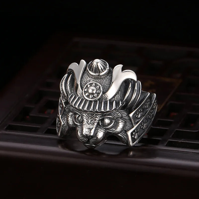 Gothic Samurai Cat Open Ring, Silver-Tone — Zinc Alloy