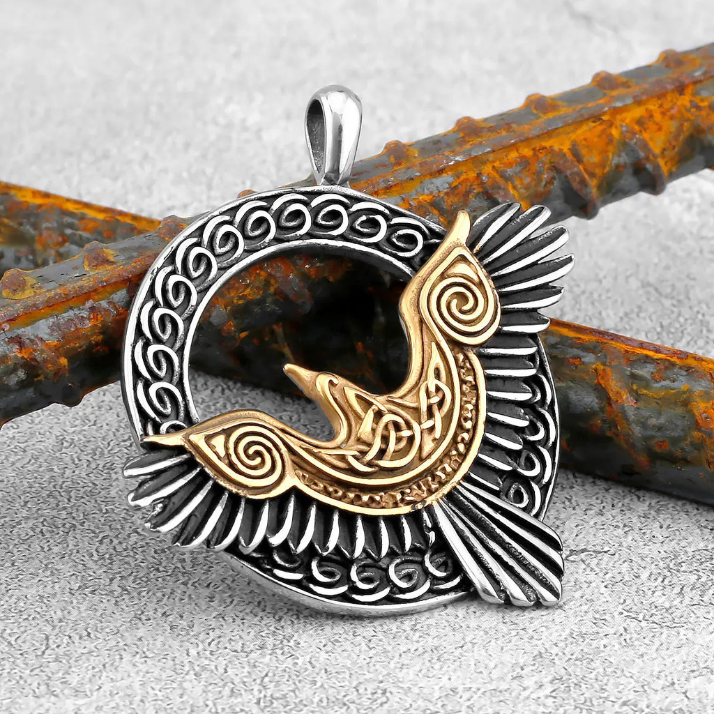 Nordic Odin Crow Skull Pendant Necklace Gothic Stainless Steel Raven Skull Compass Rune Necklace for Men Punk Jewelry