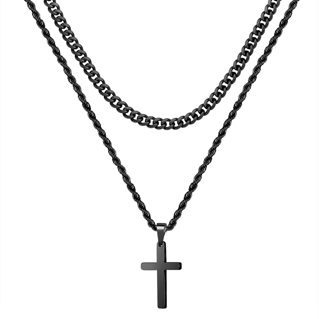 Cross Two-Tone Pendant Double Chain Necklace