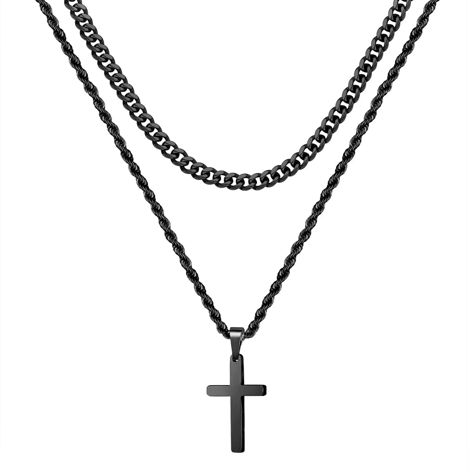 Cross Two-Tone Pendant Double Chain Necklace