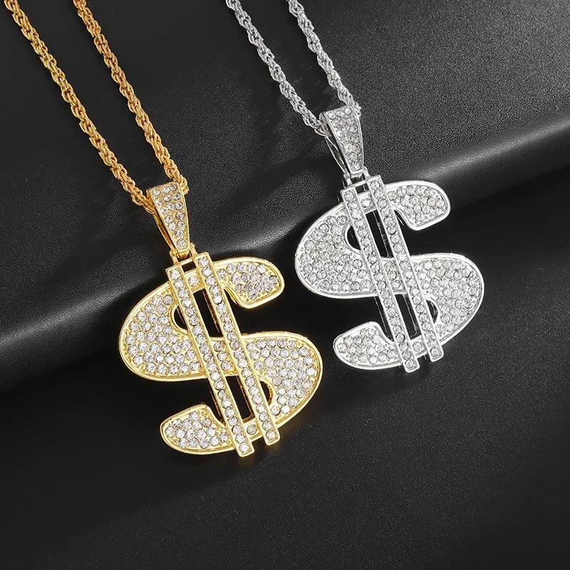 Hip Hop Iec Out Put Crystal Zirconia Dollar Sign Pendant Necklace Fashion Punk Cool Rock Rap Party Jewelry Accessories