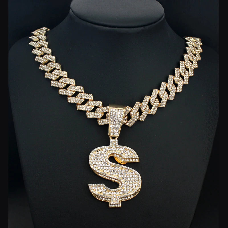 Men Women Hip Hop Big Dollar Sign Cross Pendant With 15mm Rhombus Cuban Chain Iced Out Bling Necklaces Fashion Charm Jewelry