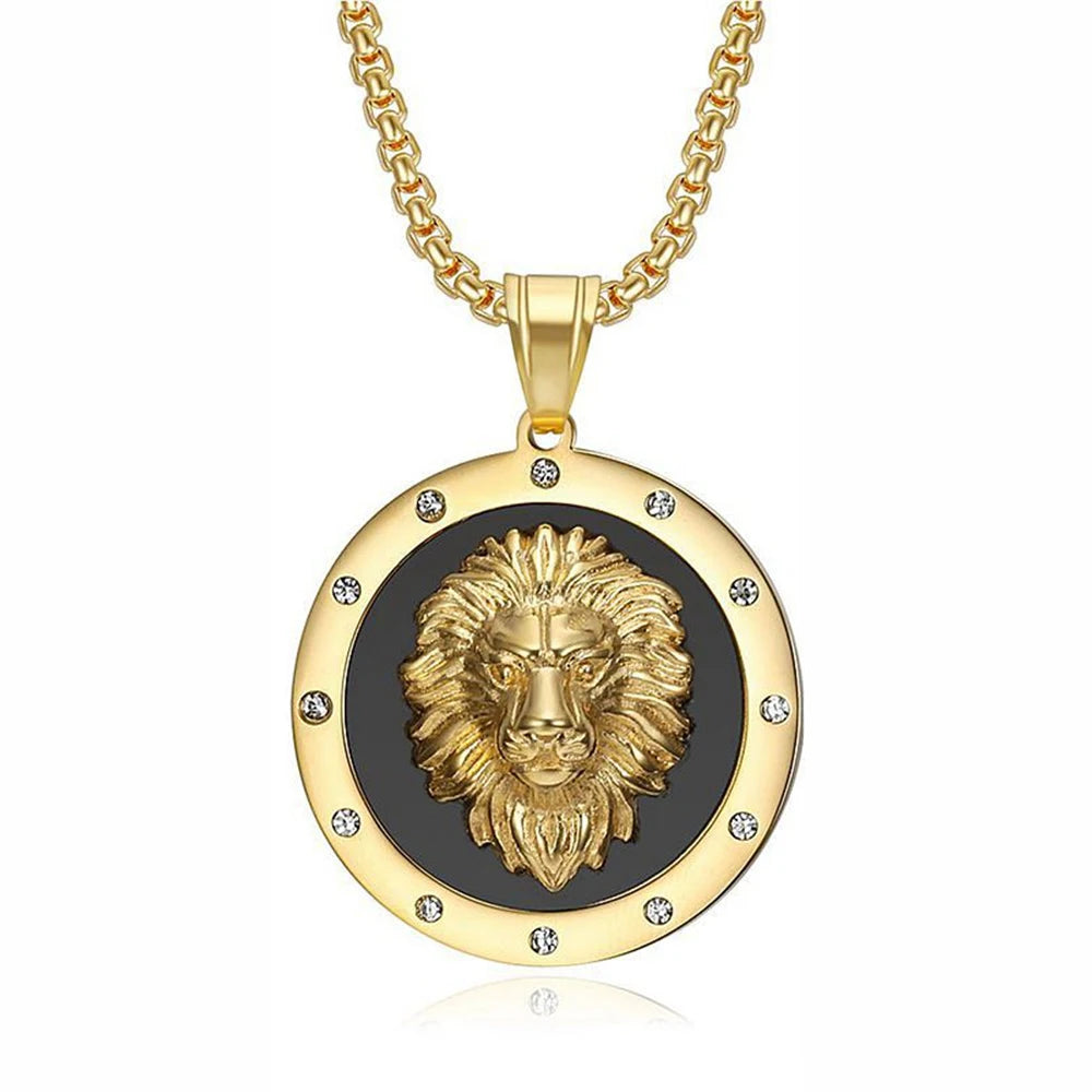 Punk Big Round Lion Head Pendant Male Gold Color Stainless Steel CZ Animal Necklaces For Men Fashion Party Jewelry Gift 2025