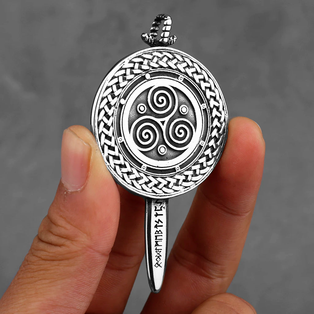 Viking Sword Shield Pendant Necklace — Steel