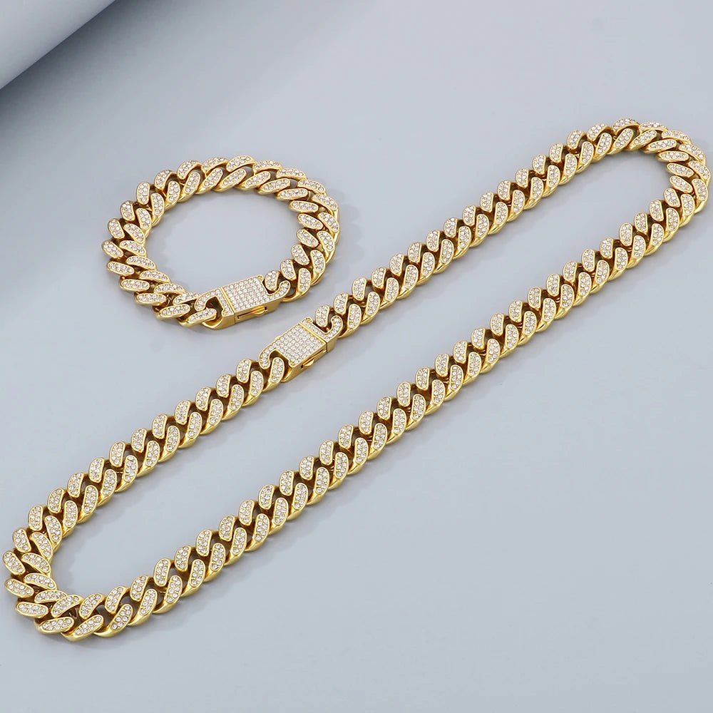 Hip Hop Heavy Cuban Link Chain Set Man Bracelet Necklace Luxury Gold Color Stainless Steel & Full CZ Men's Necklace &