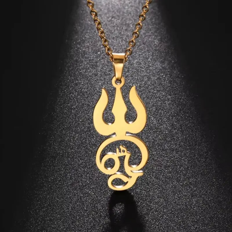 Dawapara India Tamil Om Symbol with Trident Pendant Stainless Steel Necklace Om Shiva Symbol Yoga Vintage Talisman