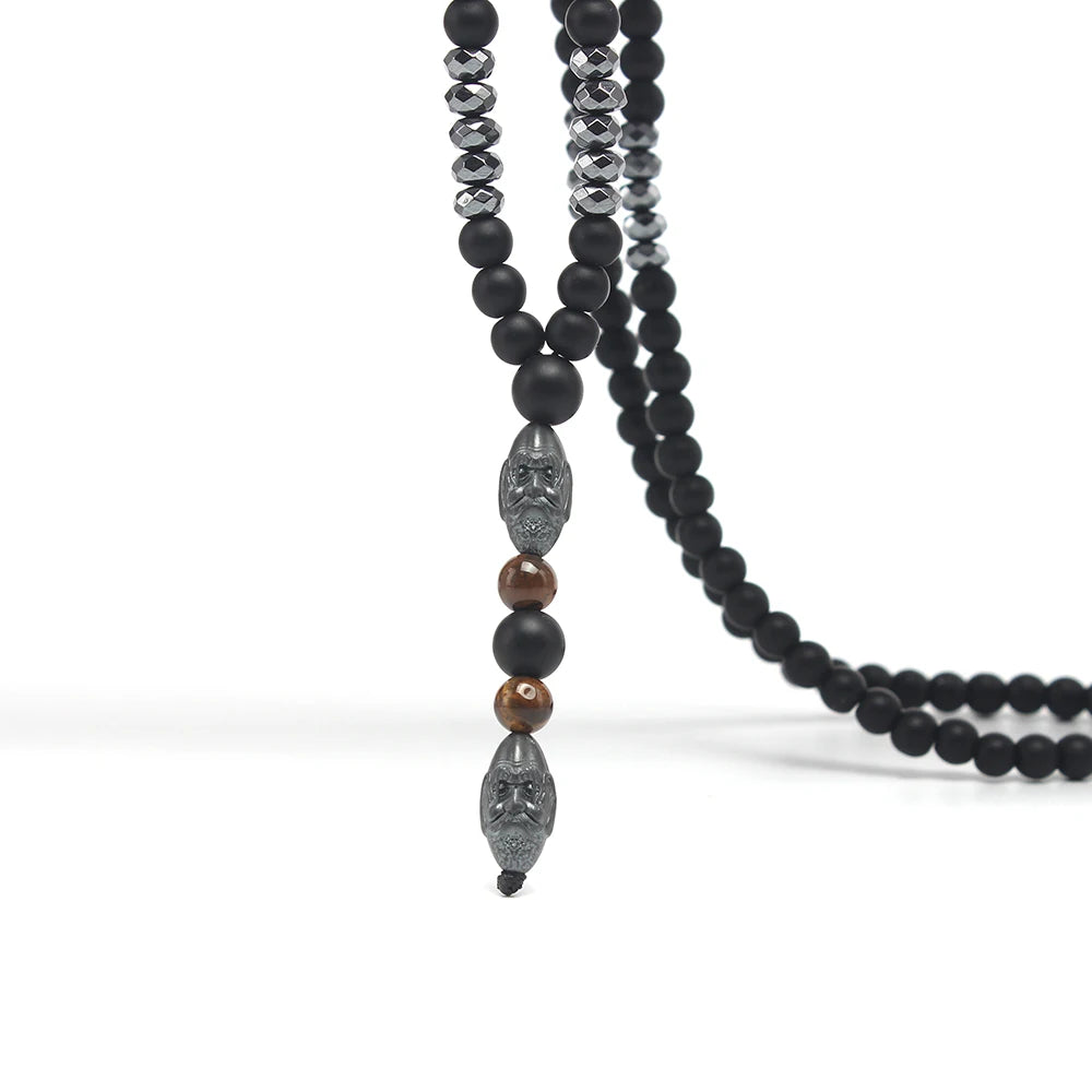 Black Obsidian Round Beads Hematite Old Man Head Pendant Y Necklace Men's Jewelry