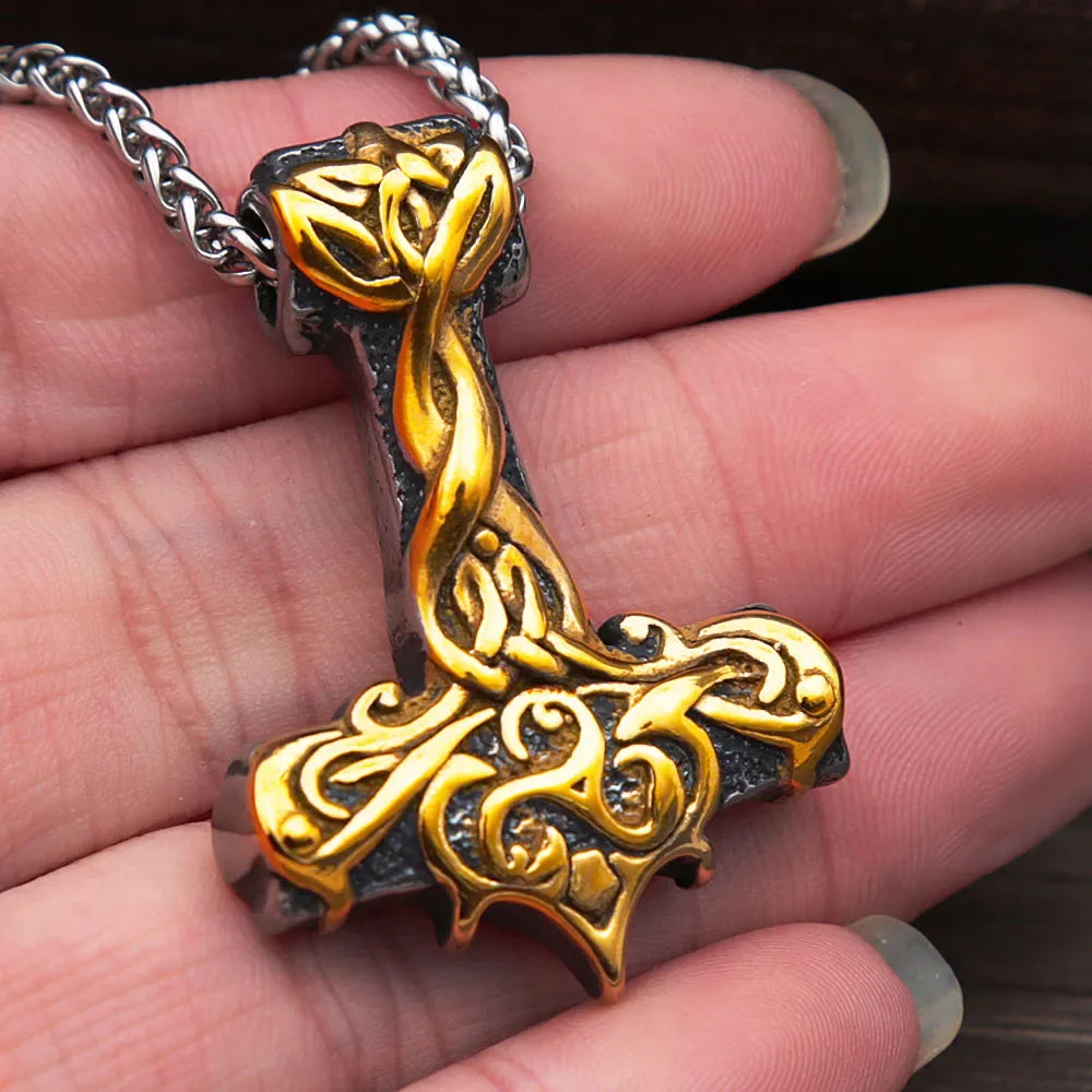 Vintage Men Nordic Thor Hammer Pendant Punk Hip Hop 316L Stainless Steel Biker Amulet Necklace Jewelry Gifts