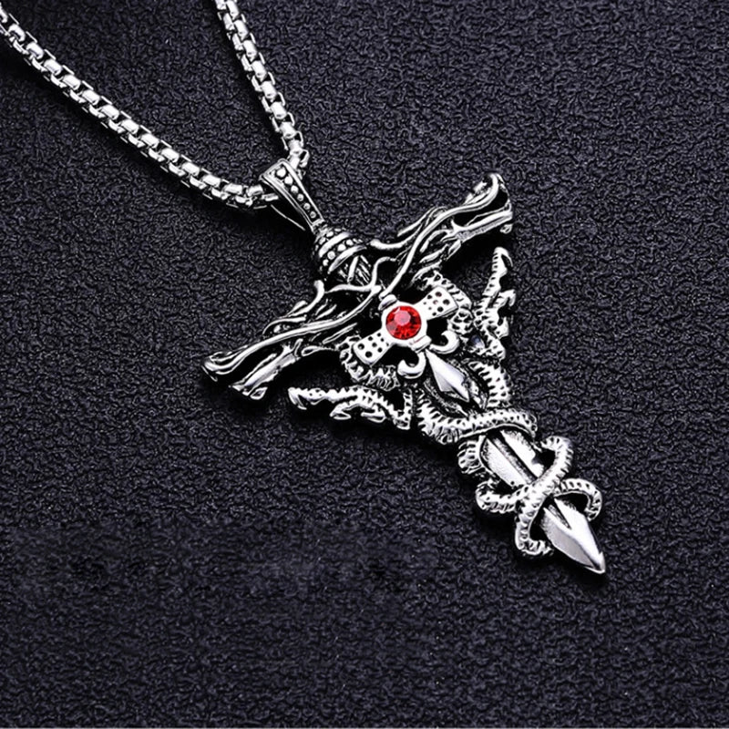 Silver Cross Pendant Necklace Vintage Red Stone
