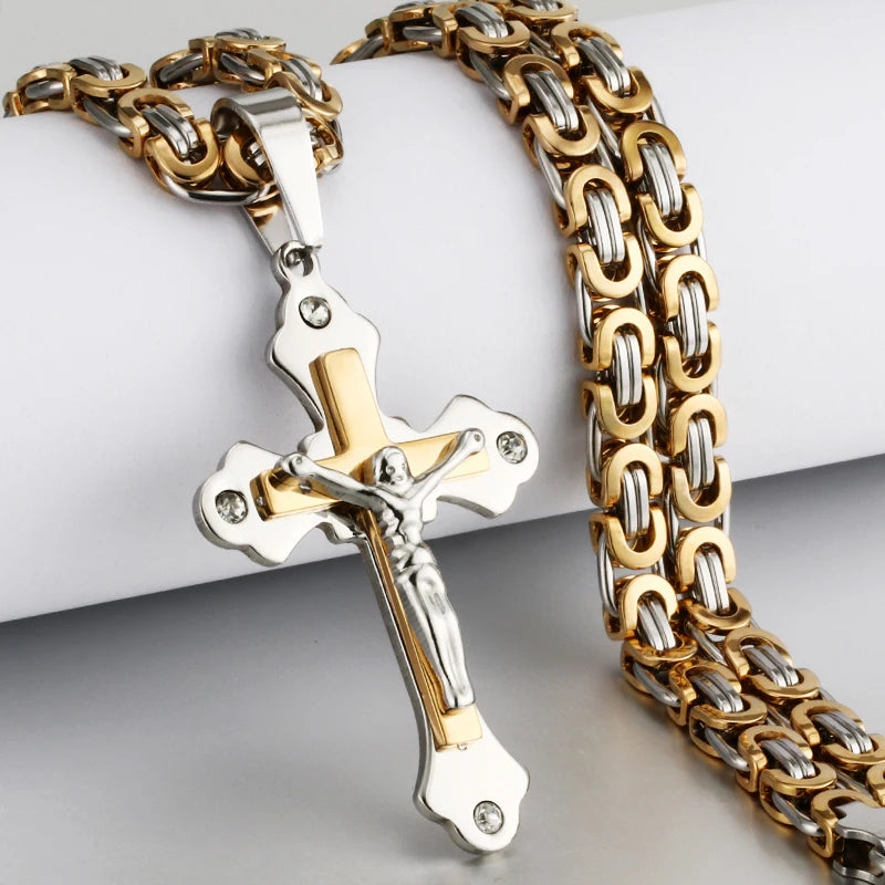 Crystal Crucifix Jesus Byzantine Chain Necklace — Stainless Steel