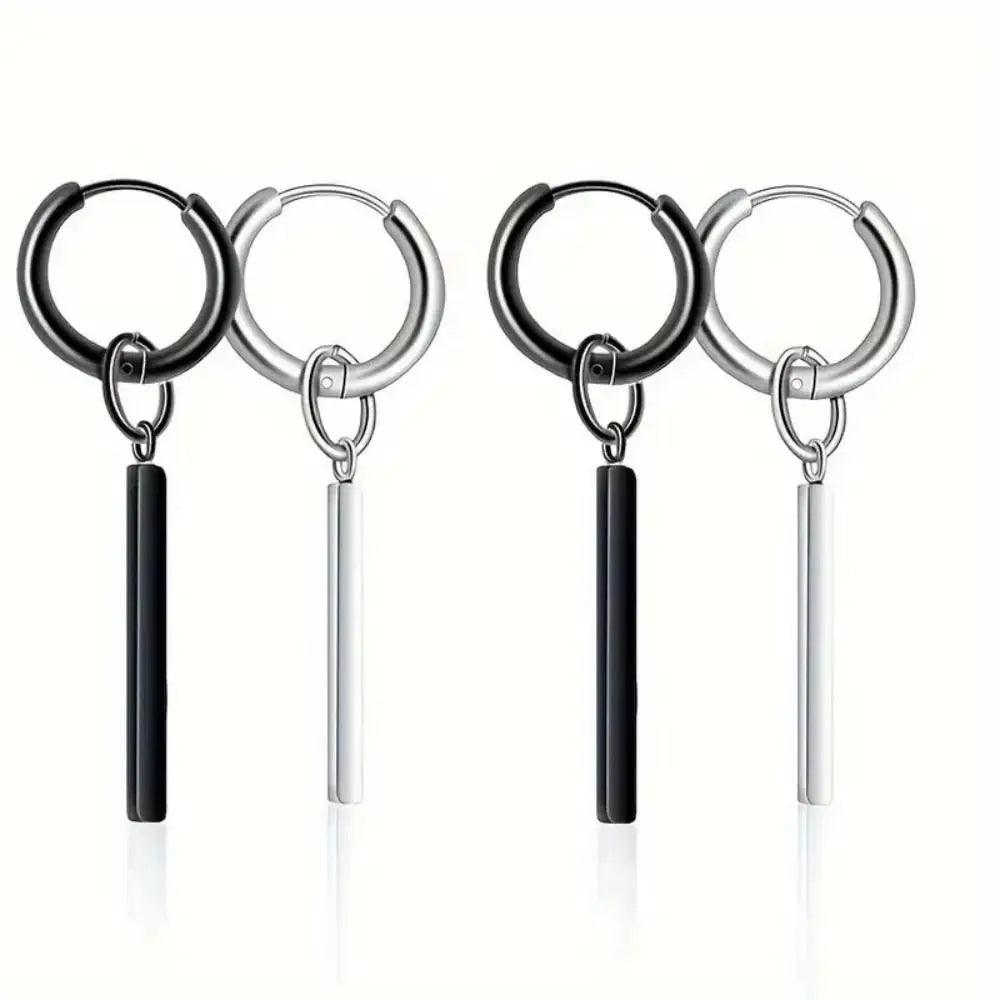 Square Strip Pendant Hoop Earrings Black Y2K — Stainless Steel