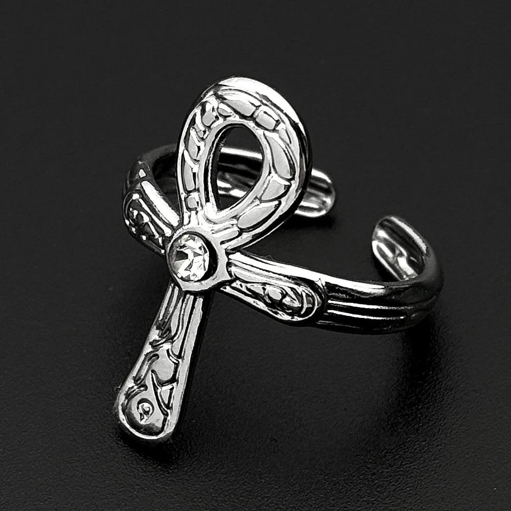 Egyptian Ankh Cross Key Of Life Adjustable Open Rings for Women Men Stainless Steel Rune Finger Ring Rhinestone Amulet