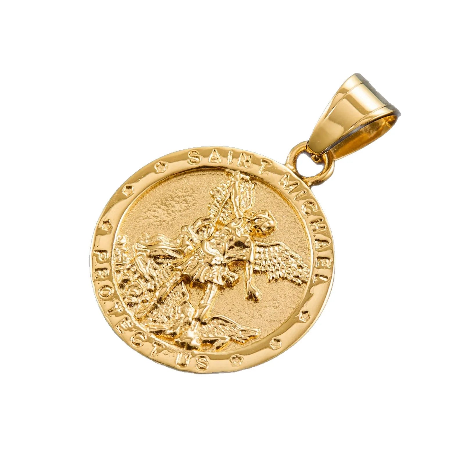 1pc Catholic Angel Michael Gold color round pendant For Men Women Punk 316L Stainless Steel Knight Saint Michael Jewelry Gifts