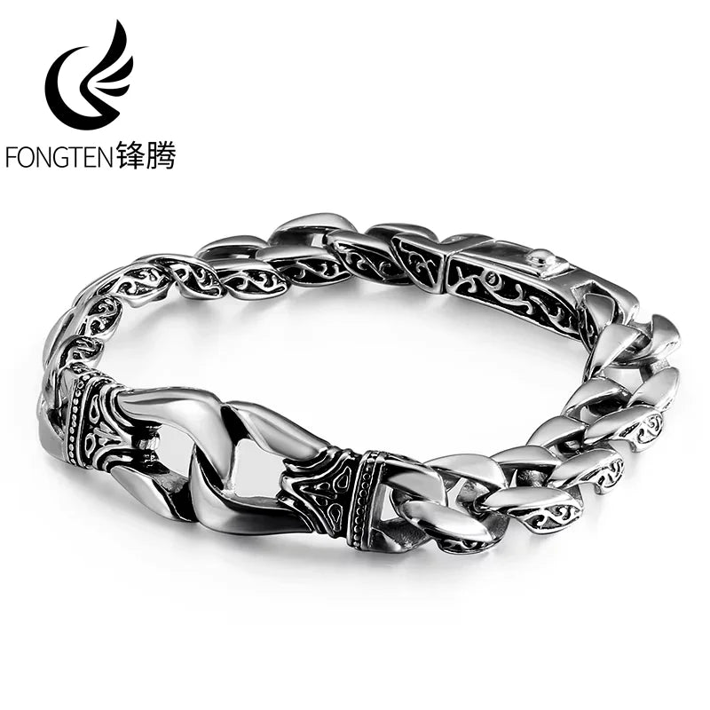 Fongten 22.5cm Bracelet For Men Stainless Steel Cross Cuban Chain Male Bangle Bracelets Brushed Shiny Multiple Color