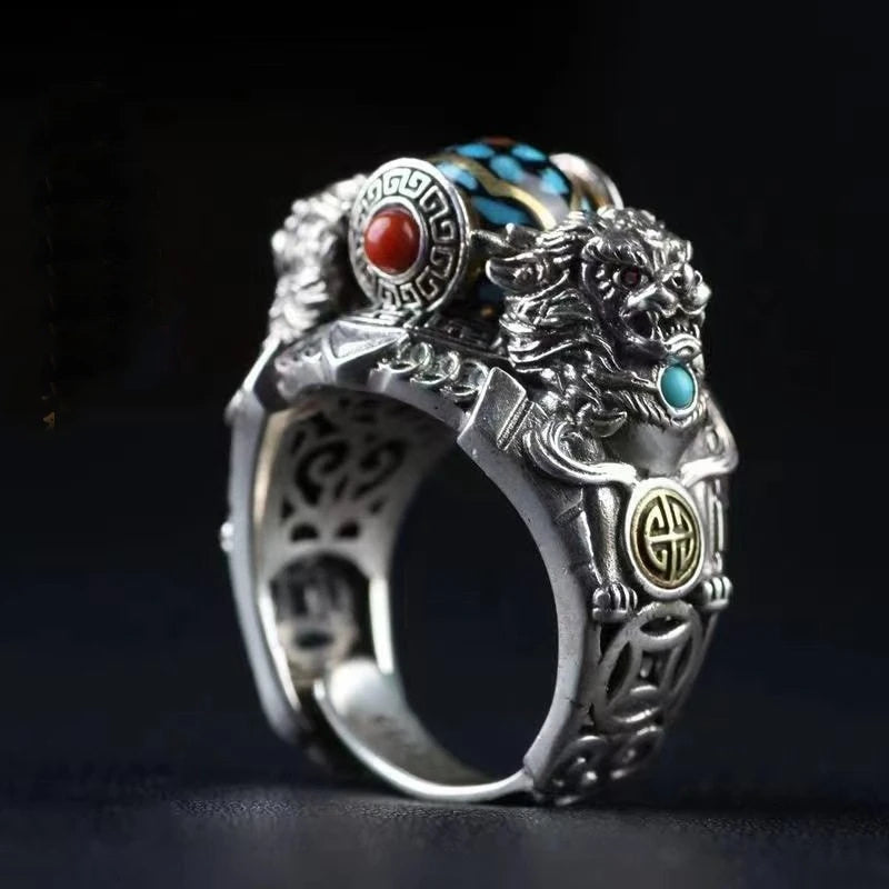 Divine Beast Coin Ring — Ethnic Buddhist Bead Ring for Men