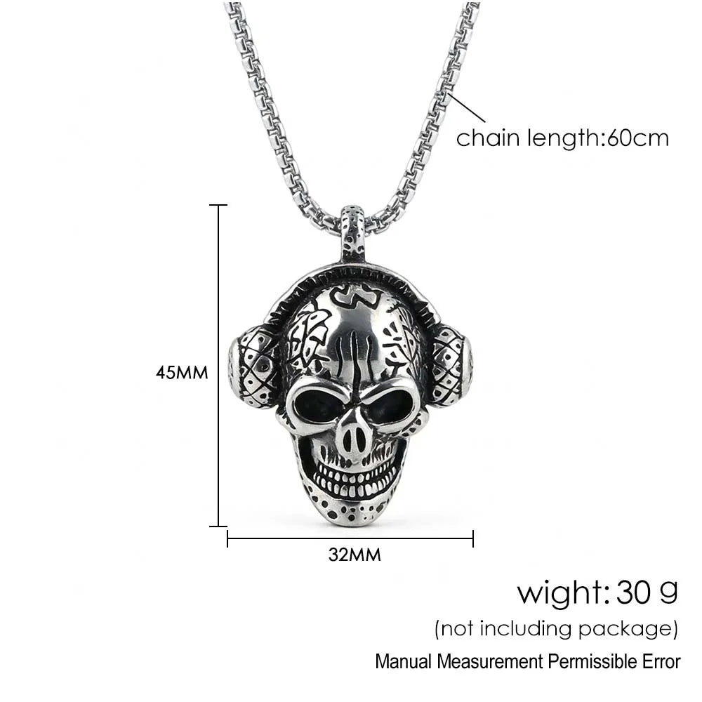 Skull Headphone Pendant Necklace Stainless Steel