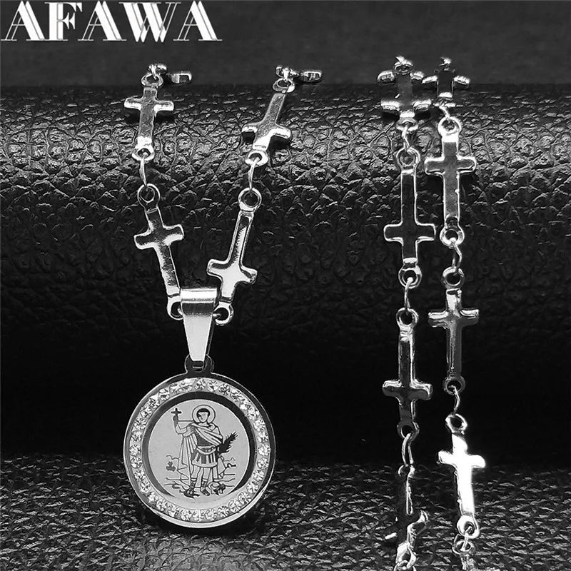 Saint Expeditus Archangel Gabriel Stainless Steel Crystal Michael Cross Chain Necklace Holy Sacred Heart of Jesus
