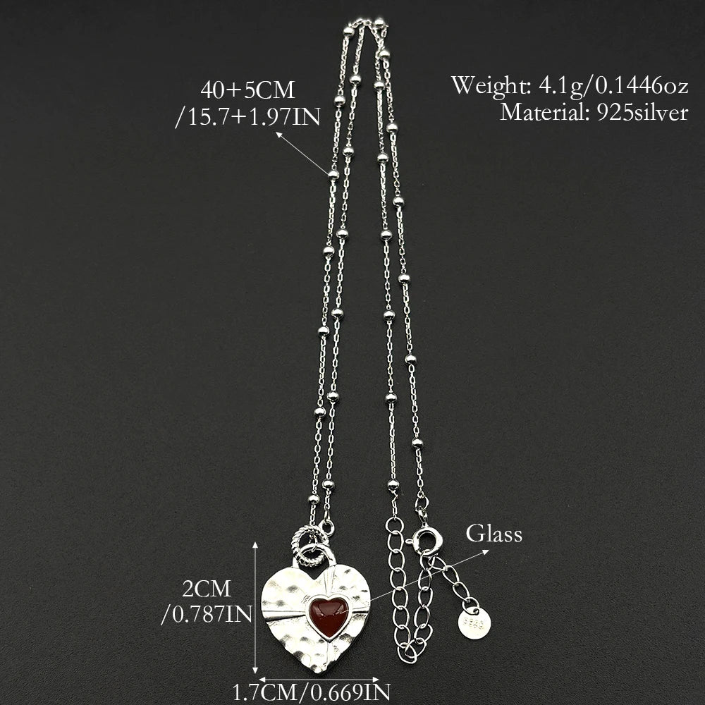 Heart Silver Pendant Sterling Red Glass Clavicle