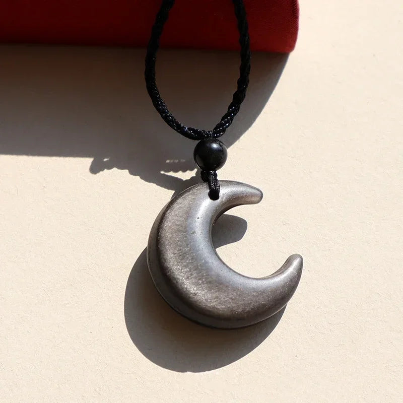 Lucky Crescent Moon Crystal Necklace Natural Stone Pendant Black Obsidian Opal Rope Wrap Necklace Adjustable