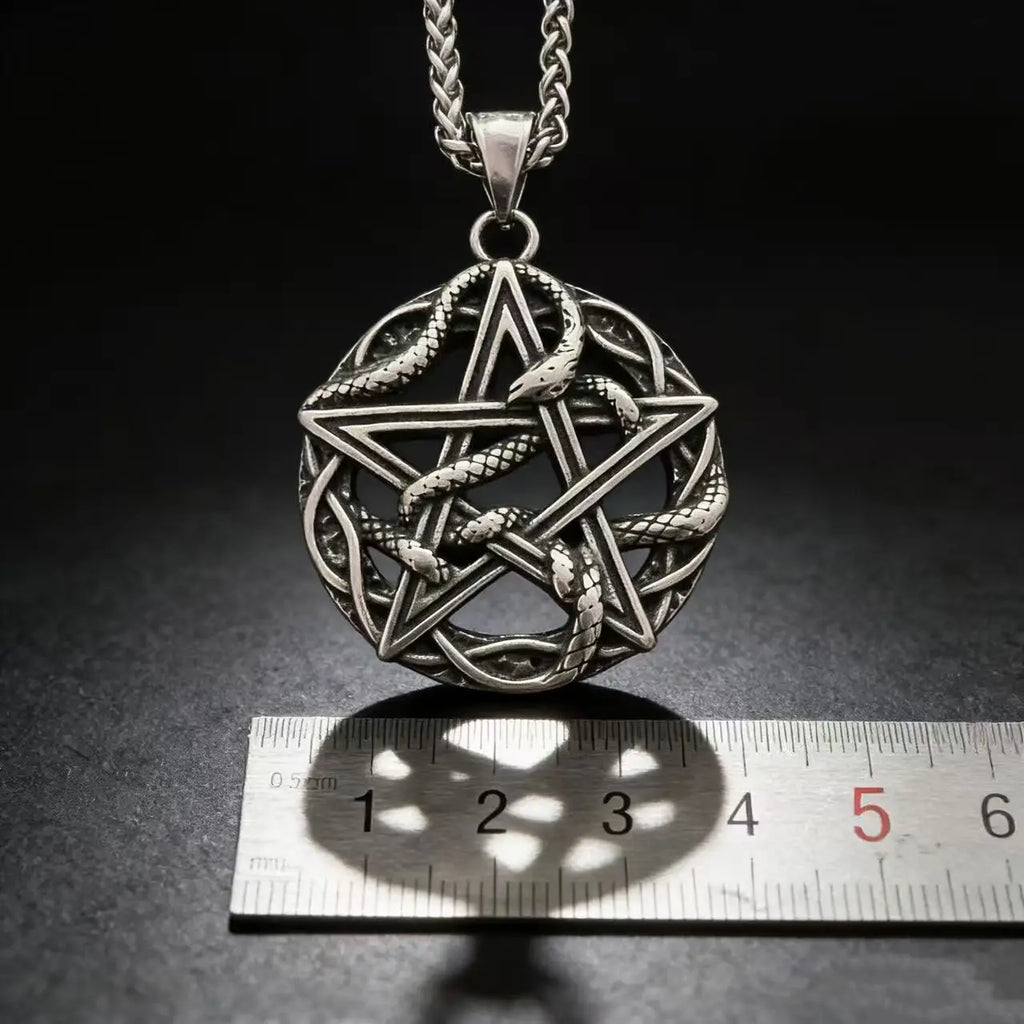Rune Steel Pendant 316L Pentagram Snake Entwined